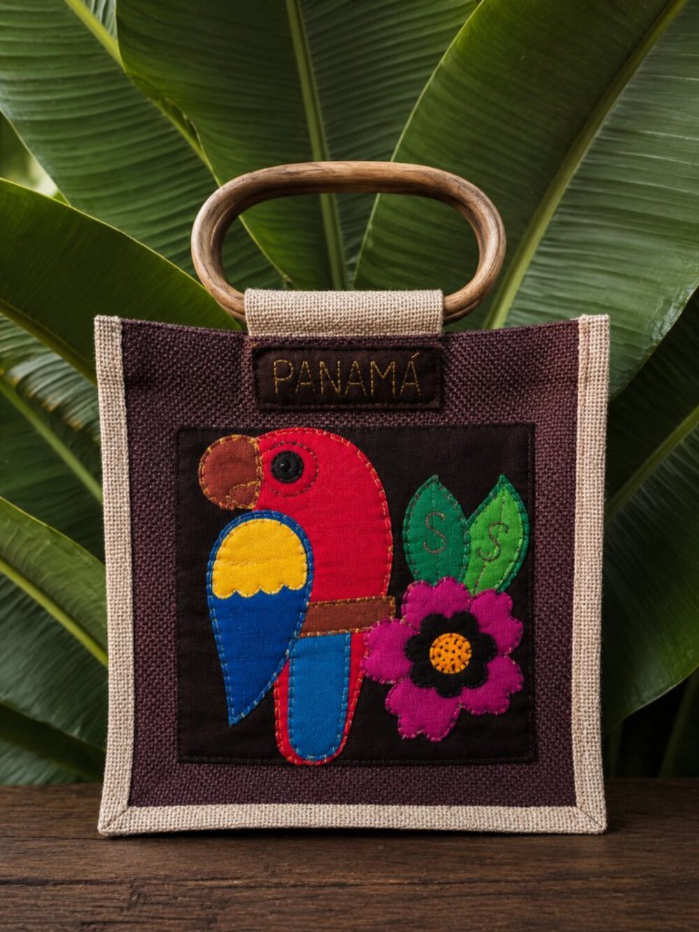 Panama Handmade Parrot Tote Bag Wood Handles Tropical Artisan Purse